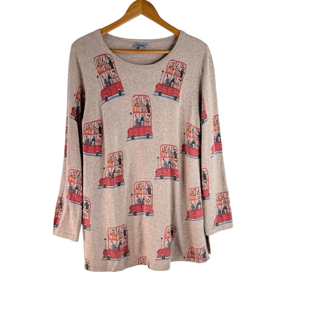 Shana Women’s Sweater Double Decker Red Bus Print Size Medium
